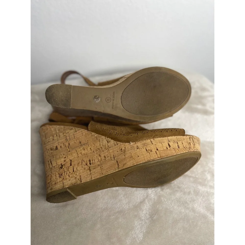 A.N.A. Malik Women Brown Laser Cut Wedge Sandals Cork Heel Slingback Size 10M